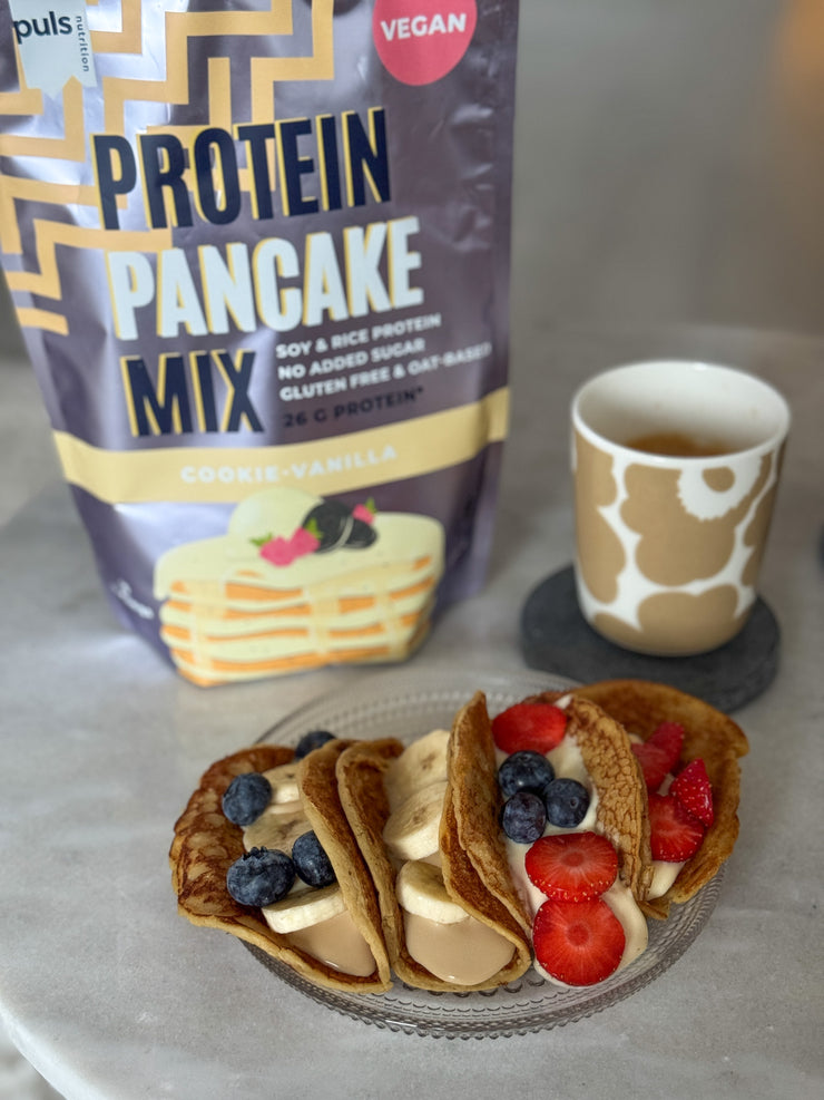 PULS Nutrition Vegan Protein Pancake Mix keksi-vanilja tarjoiluehdotus