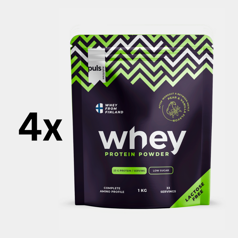 WHEY PROTEIINIJAUHE Päärynä-Vanilja 4x1kg LAKTOOSITON